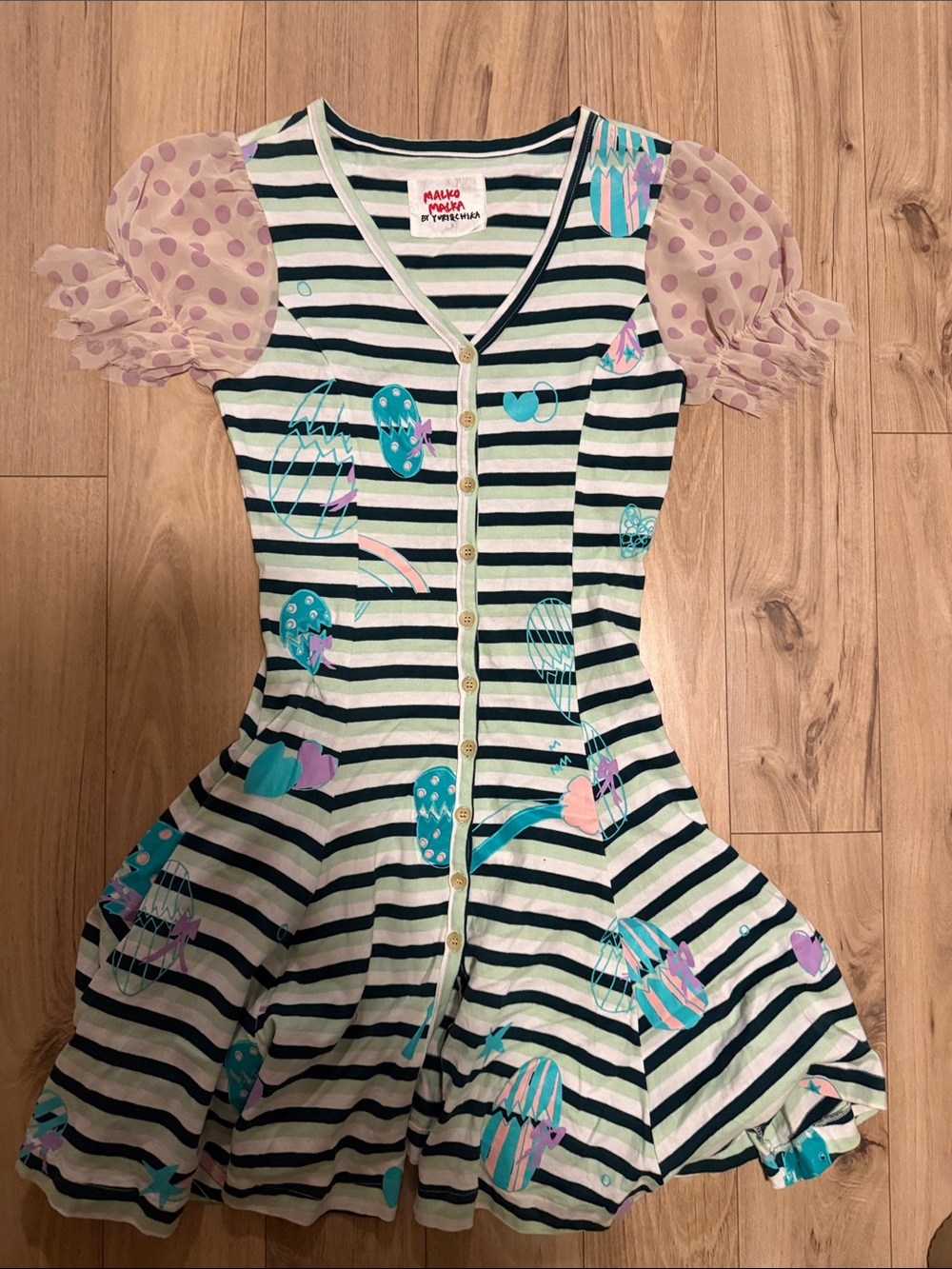 Pink Stripe Button-Front Dress with Puff Polka Dot Sleeves